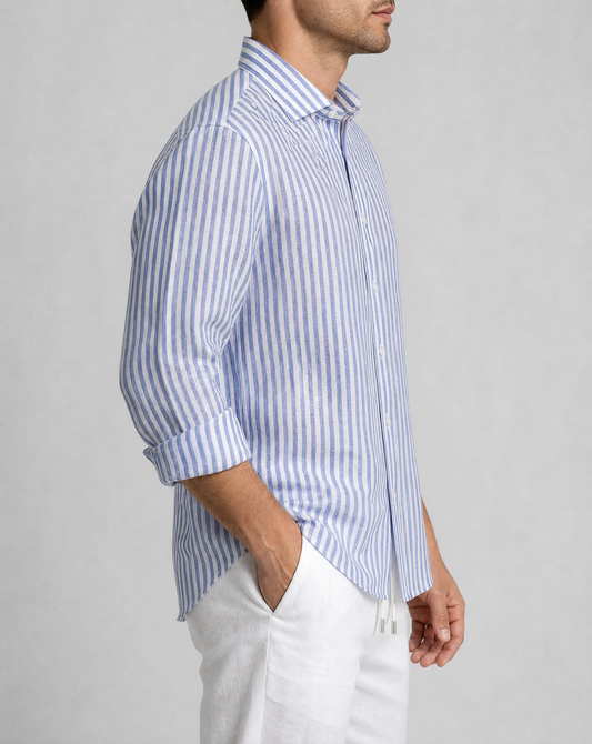 positano capsule linen shirt in sea stripe, detail