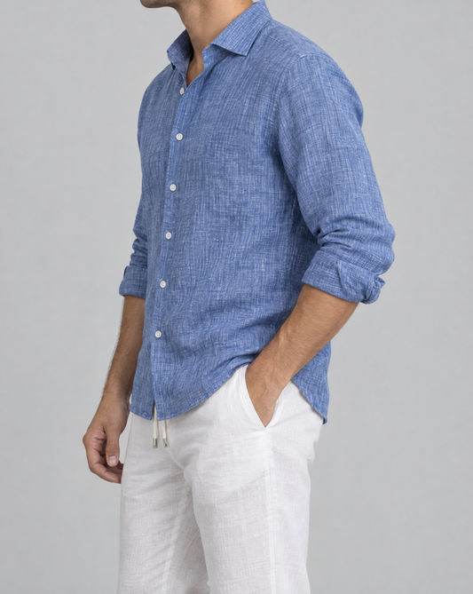 pescatore positano linen shirt, side view, sleeves rolled