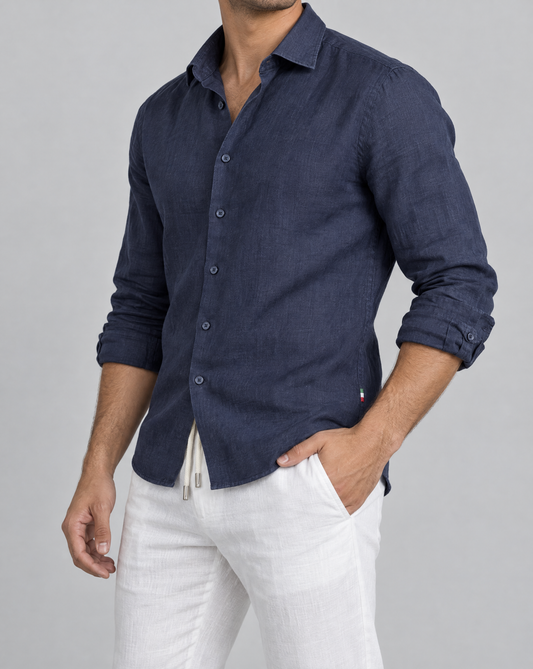 marina positano linen shirt, side view, sleeves rolled