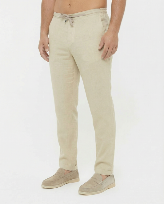 Sand Beige - 100% Linen Drawstring Pants