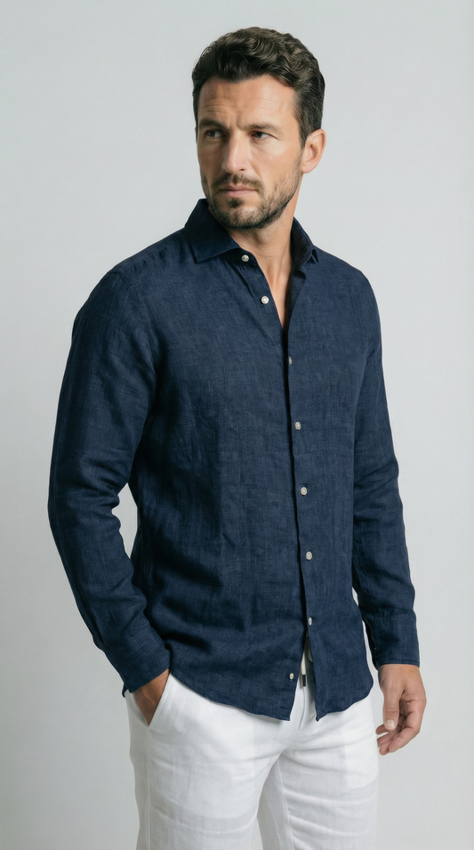 Deep Sea Blue 100% linen shirt, made in Napoli