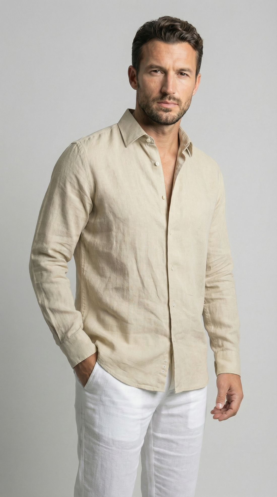 Sand Beige 100% linen shirt, made in Napoli