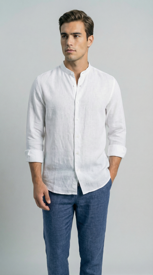 White Mandarin 100% linen shirt, made in Napoli