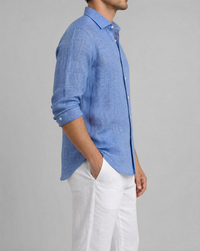 grotta blue linen shirt, made in napoli, side