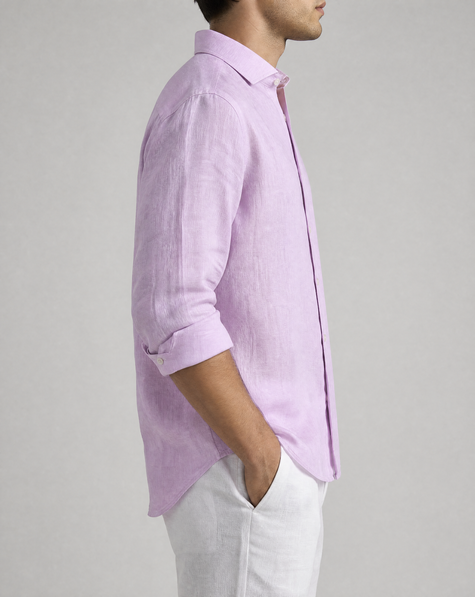 coral pink linen shirt, made in napoli, side