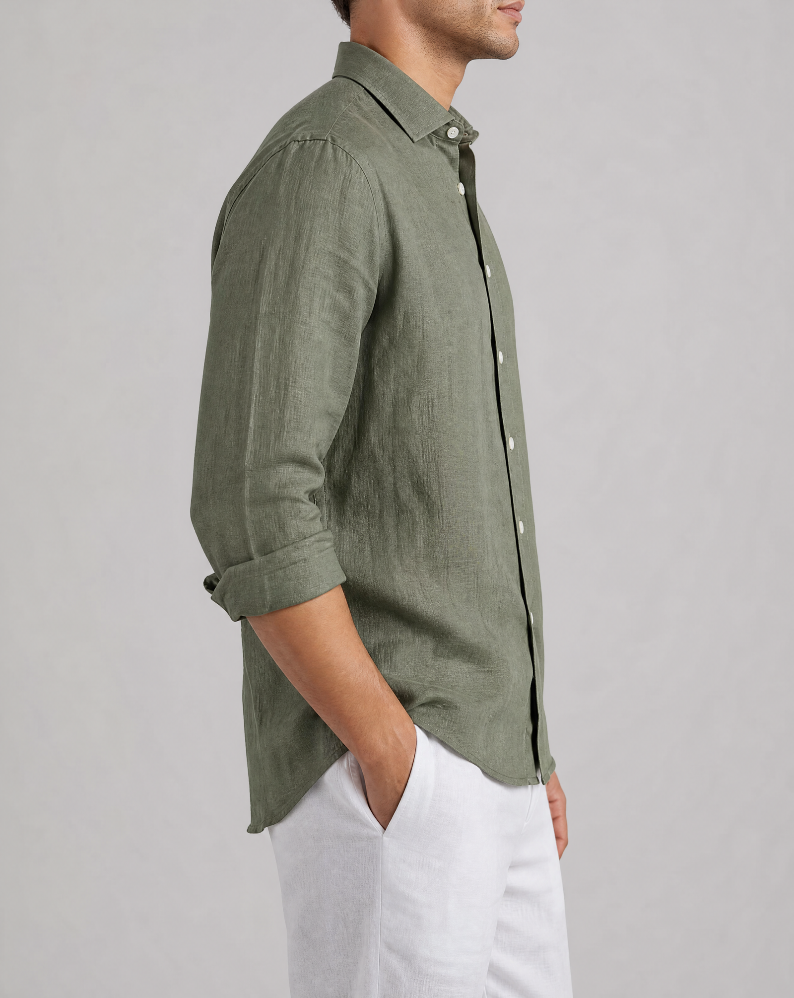 olive green linen shirt, made in napoli, side