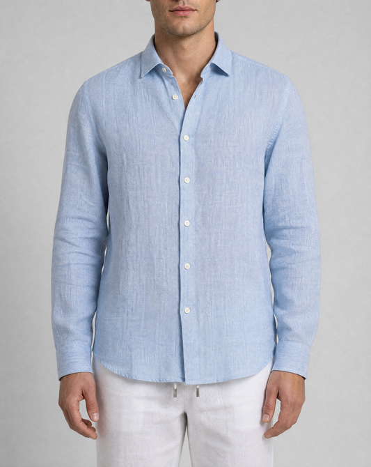 coastal blue linen shirt, made in napoli, front