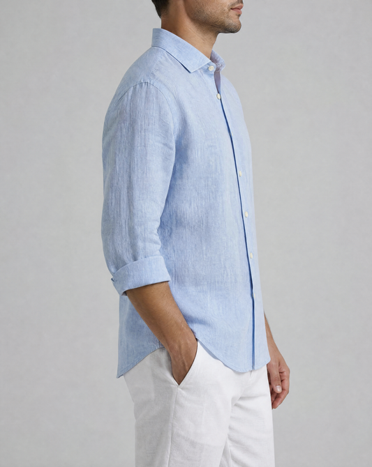 coastal blue linen shirt, made in napoli, side
