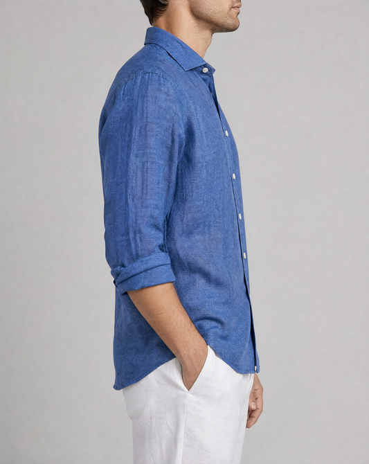 positano capsule linen shirt in midnight blue, detail