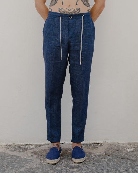 Capri Blue -  100% Linen Drawstring Pants