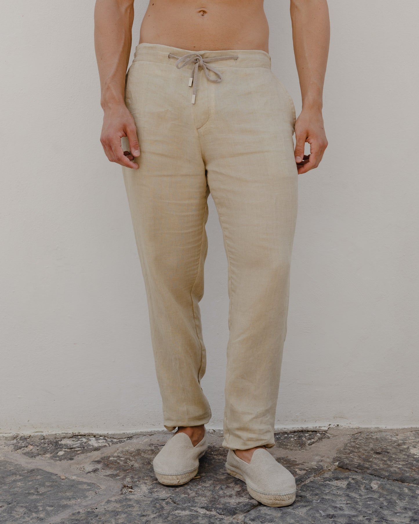 Sand Beige - 100% Linen Drawstring Pants
