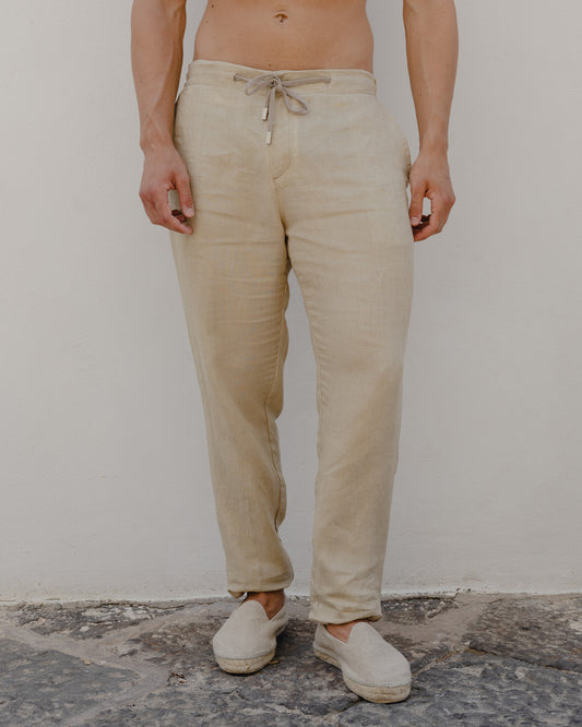 Sand Beige - 100% Linen Drawstring Pants