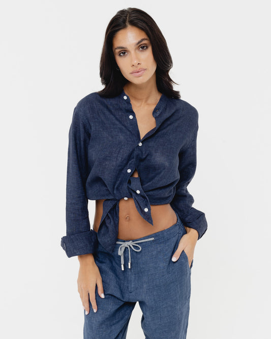 Capri Blu Mandarin - 100% Linen Shirt