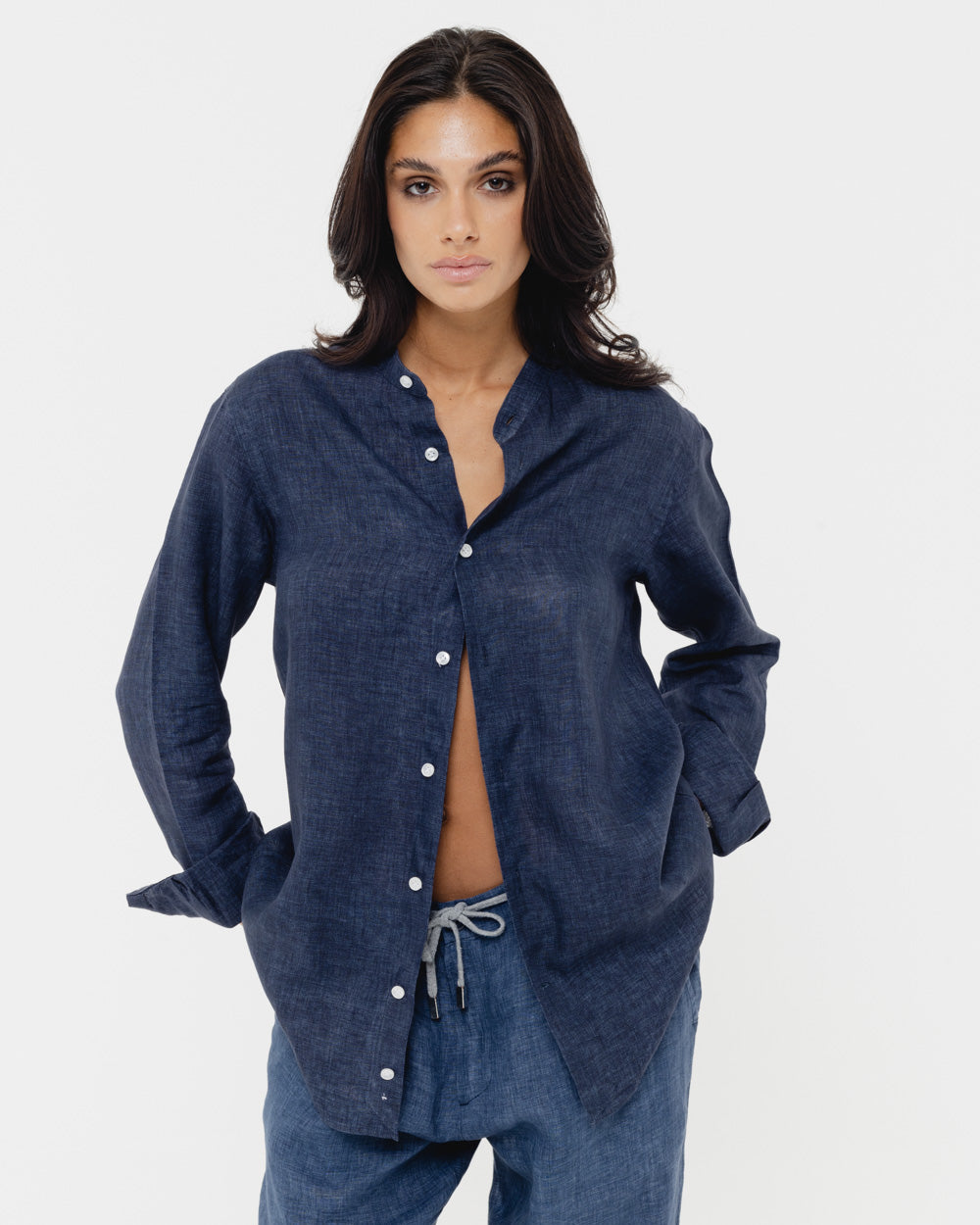 Deep sea blue  Mandarin - 100% Linen