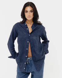 Deep sea blue  Mandarin - 100% Linen