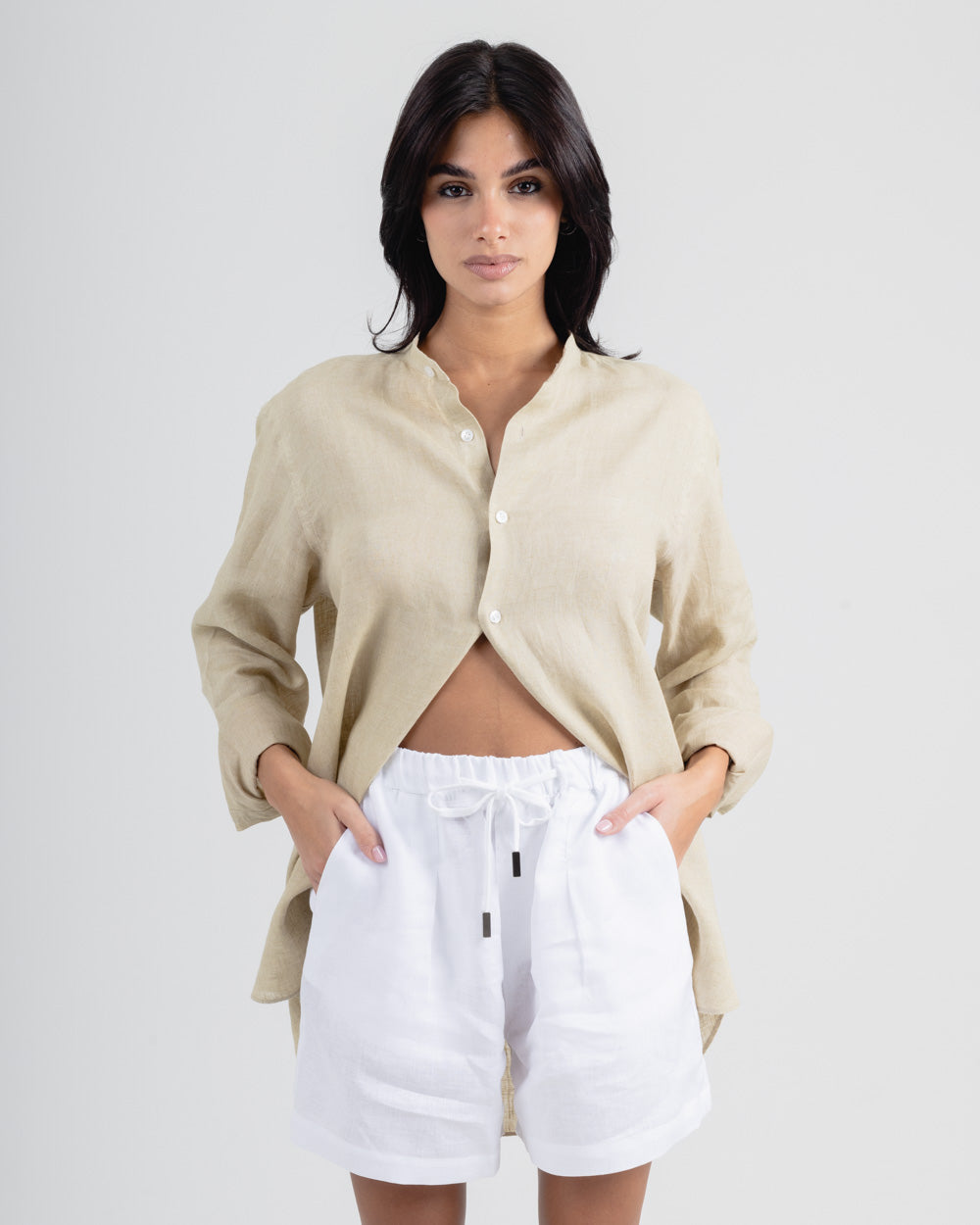 BEIGE MANDARIN - 100% LINEN SHIRT