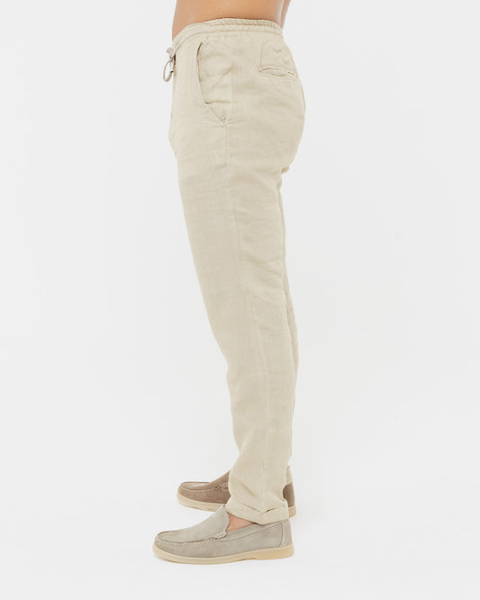 Sand Beige - 100% Linen Drawstring Pants