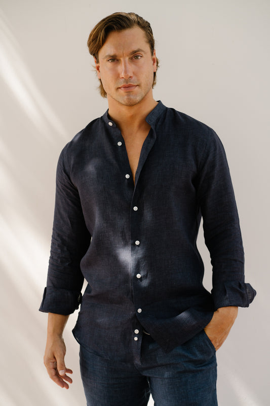 Capri Blu Mandarin - 100% Linen Shirt