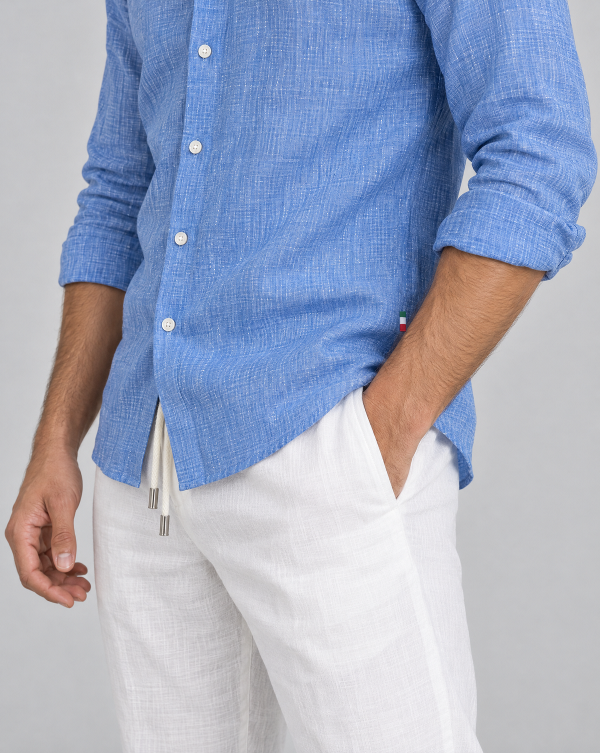 cielo positano linen shirt, italian tricolore tab on the left side seam