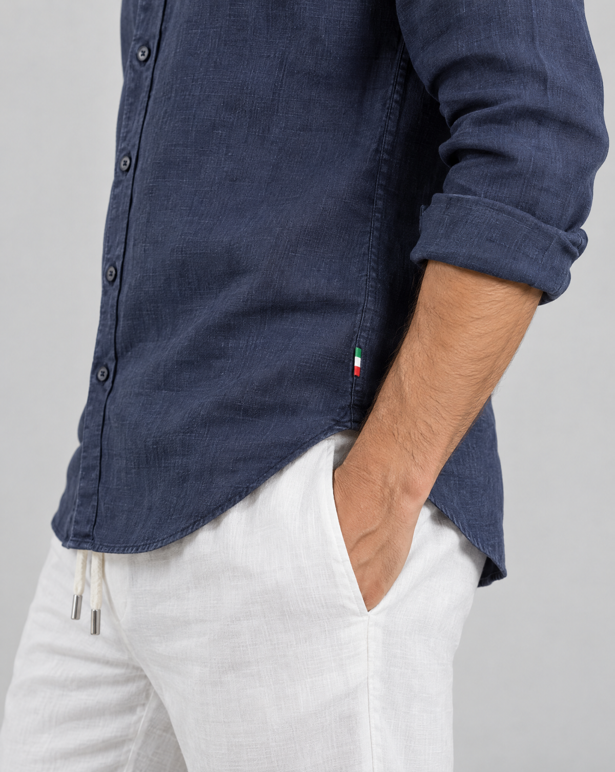 marina positano linen shirt, italian tricolore tab on the left side seam