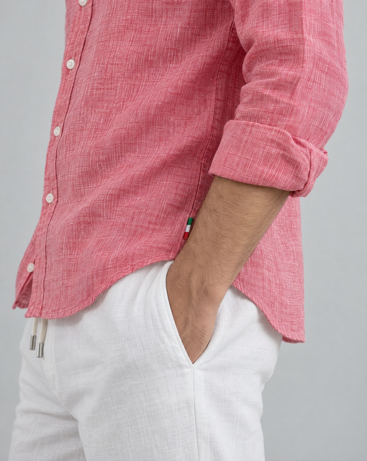 fragola positano linen shirt, italian tricolore tab on the left side seam