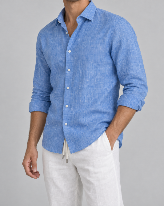 cielo positano linen shirt, side view, sleeves rolled